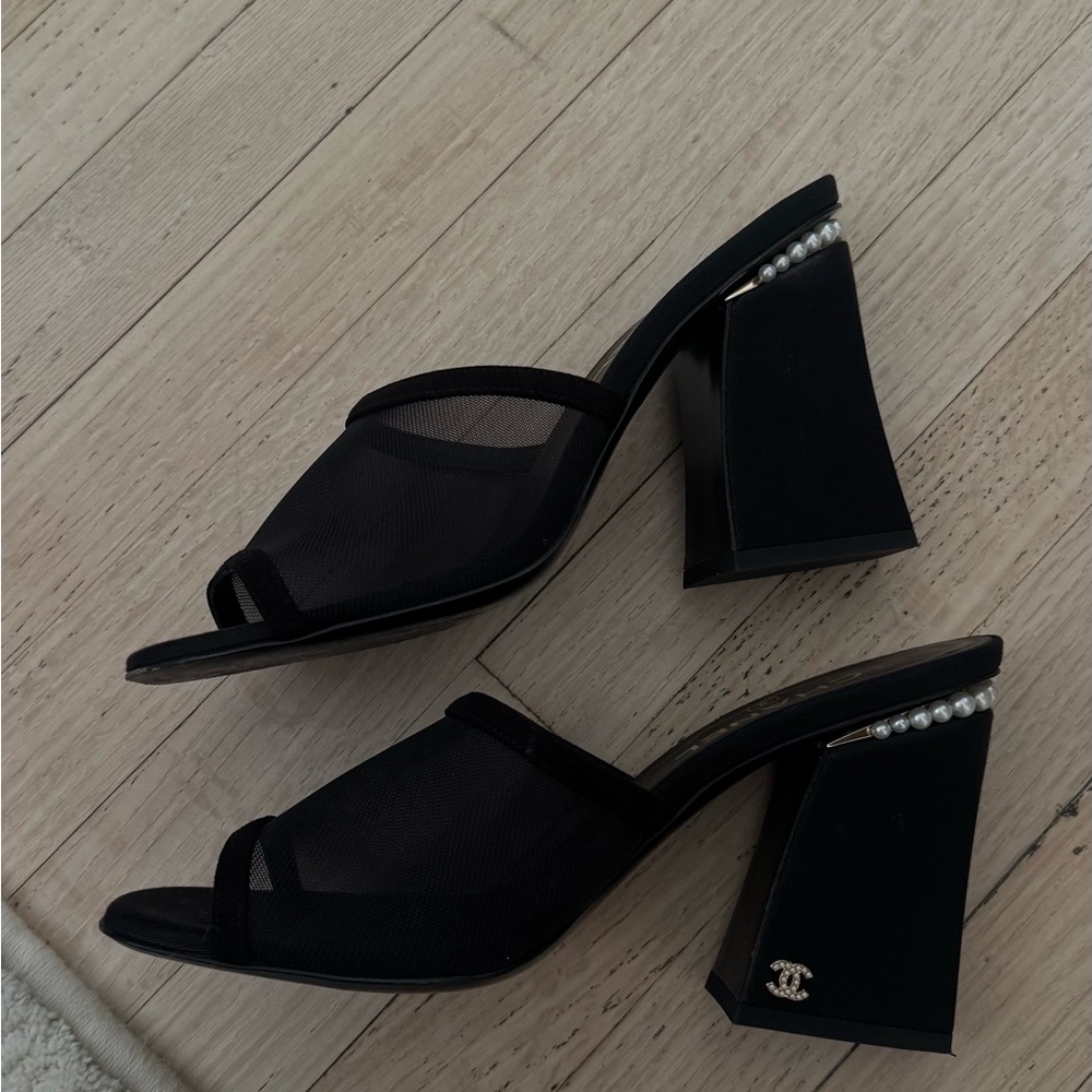 Chanel Black Mules with Textured Straps and Stiletto Heel